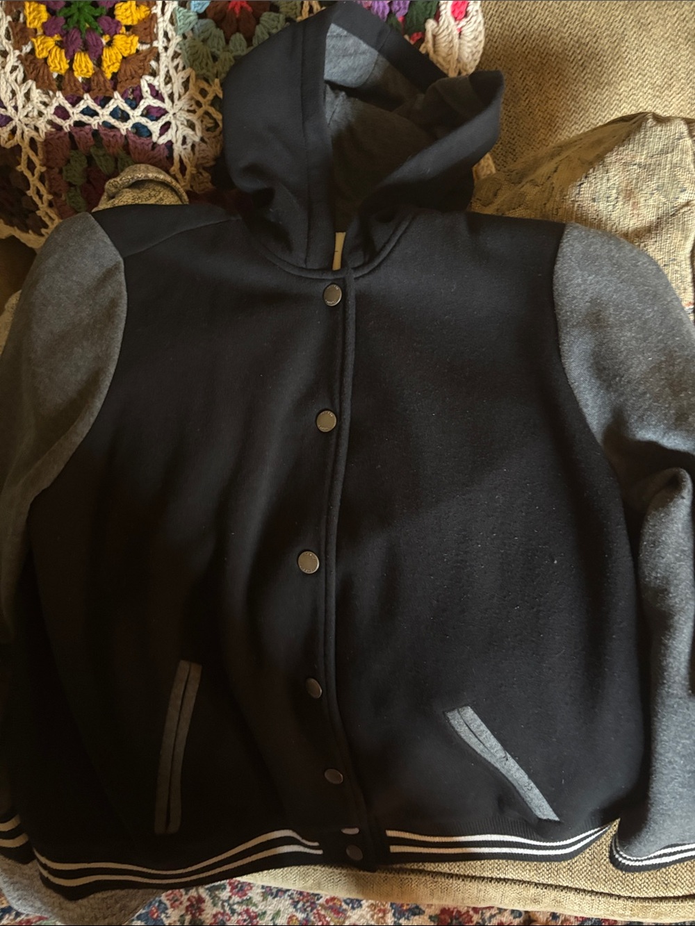 torrid Black Hooded Varsity Jacket with Gray Sleeves and Trim